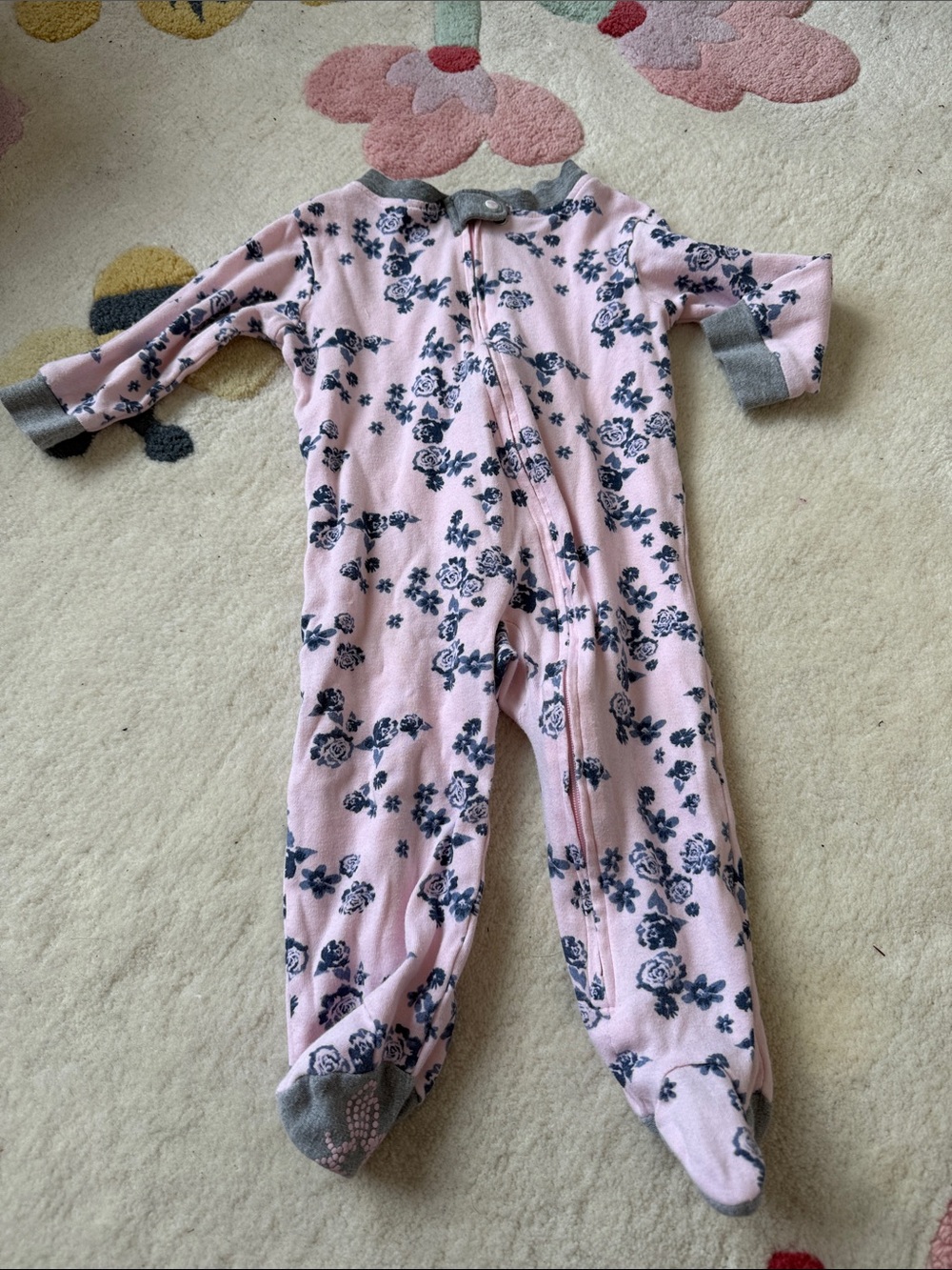 Pink Floral Footed One-Piece for Toddlers with Gray Trim
